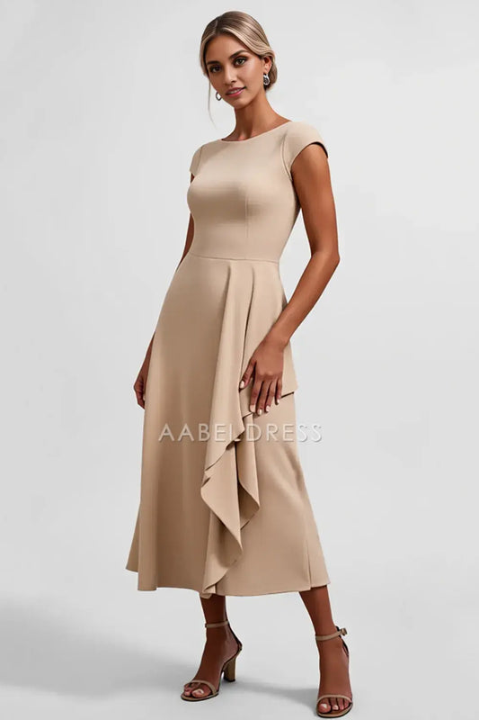AABEI DRESS Wedding Guests Dresses A Line Boat Collar Cap Sleeves Ruffled Tea-Length Elegant Simple Mother of the Bride Dress