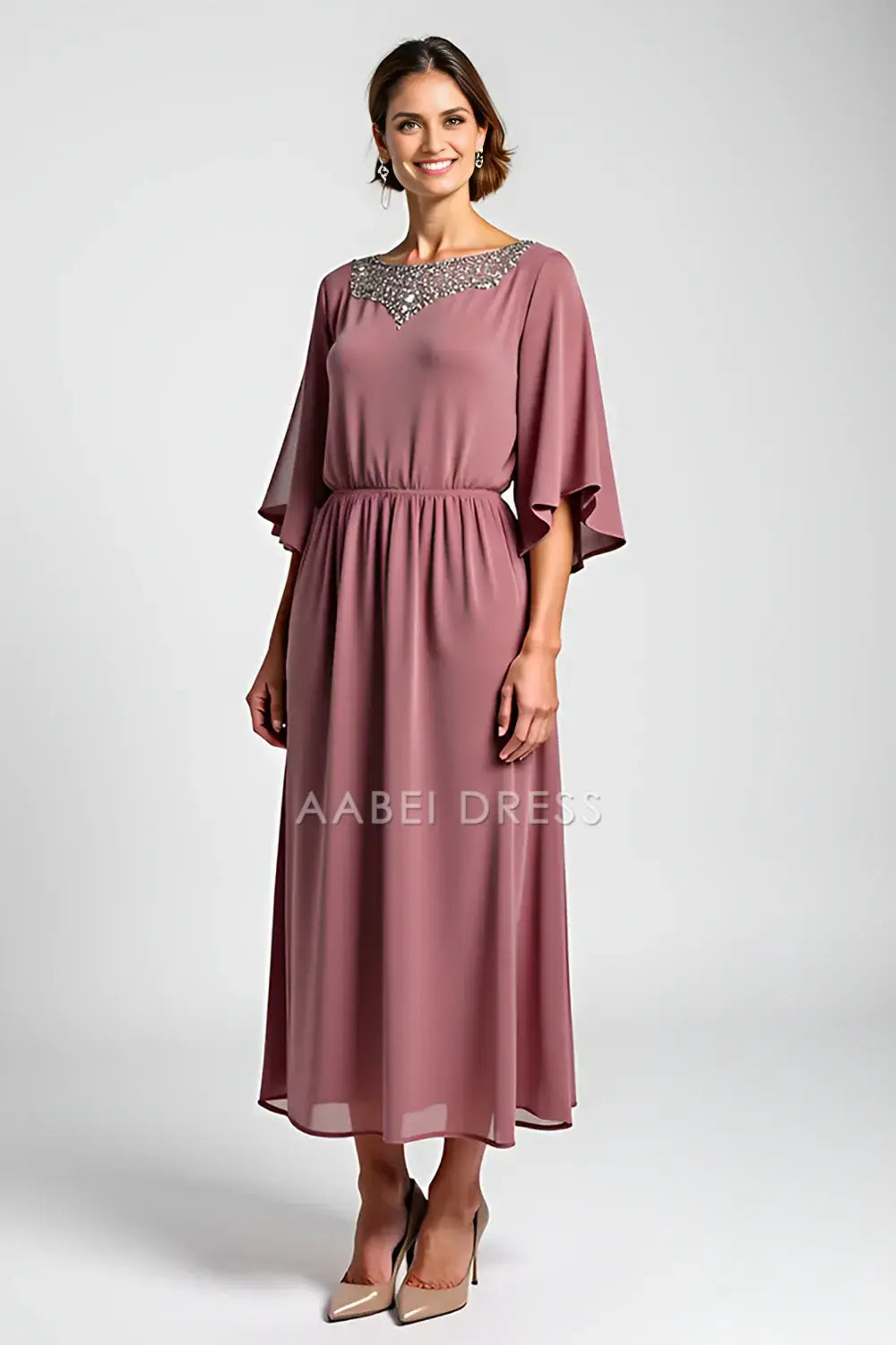 AABEI DRESS Wedding Guests Dresses A Line Boat Collar V Back Flutter Sleeves Beaded Vintage Long Mother of the Bride Dress
