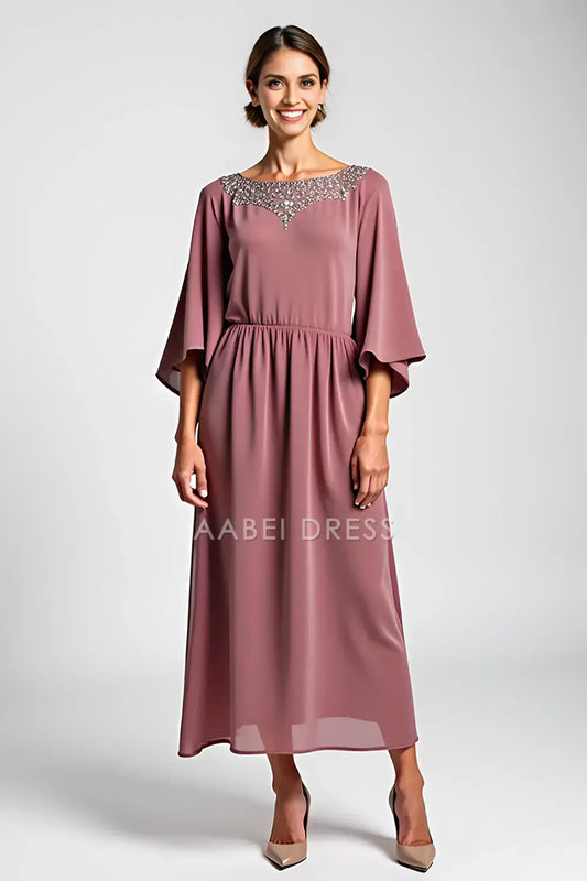 AABEI DRESS Wedding Guests Dresses A Line Boat Collar V Back Flutter Sleeves Beaded Vintage Long Mother of the Bride Dress