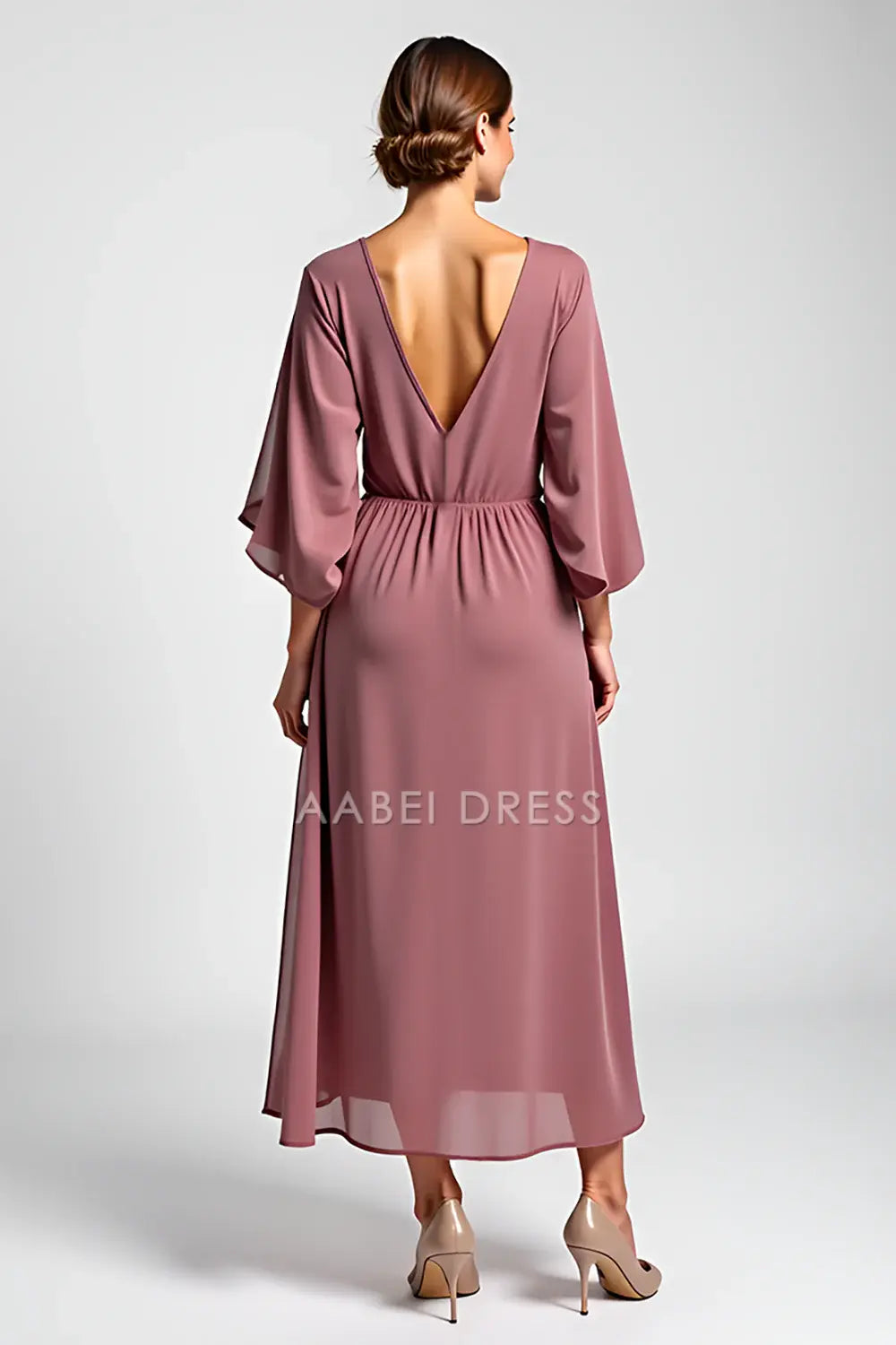 AABEI DRESS Wedding Guests Dresses A Line Boat Collar V Back Flutter Sleeves Beaded Vintage Long Mother of the Bride Dress