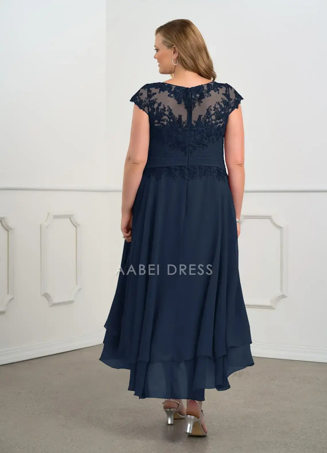 AABEI DRESS Wedding Guests Dresses A Line Boat Neck Bodice Features Hand-Pieced Lace Applique Cap Sleeves Tiers Ruched Retro Fashion Plus Size Dress Mother of the Bride Dress
