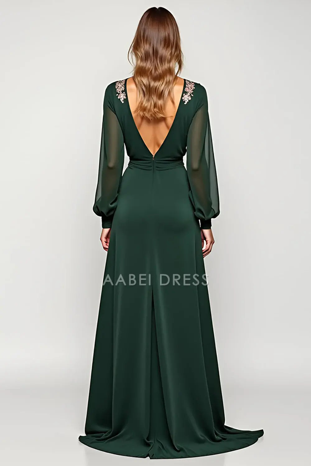 AABEI DRESS Wedding Guests Dresses A Line Deep V-Neck Long Sleeves V Back Applique Side Fork Fashion Long Mother of the Bride Dress