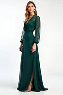 AABEI DRESS Wedding Guests Dresses A Line Deep V Neck Long Sleeves V Back Applique Retro Long Mother of the Bride Dress