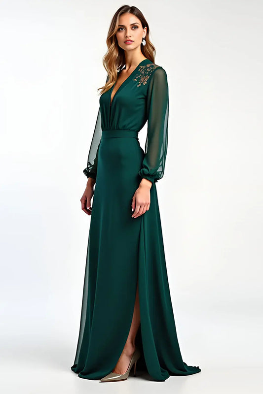 AABEI DRESS Wedding Guests Dresses A Line Deep V Neck Long Sleeves V Back Applique Retro Long Mother of the Bride Dress