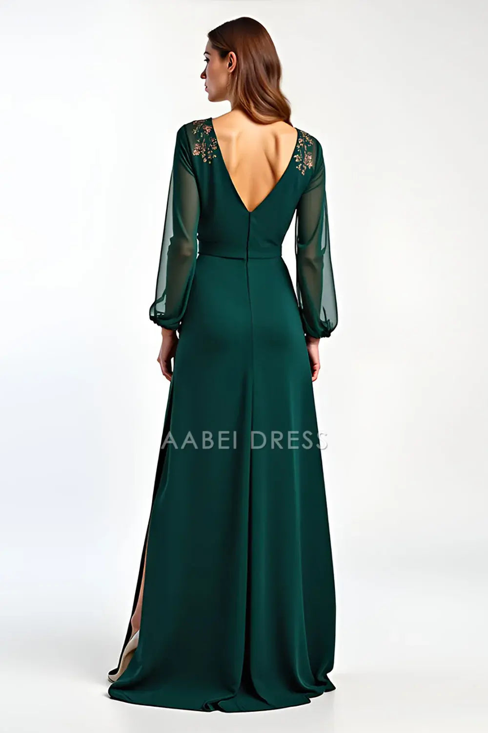 AABEI DRESS Wedding Guests Dresses A Line Deep V Neck Long Sleeves V Back Applique Retro Long Mother of the Bride Dress