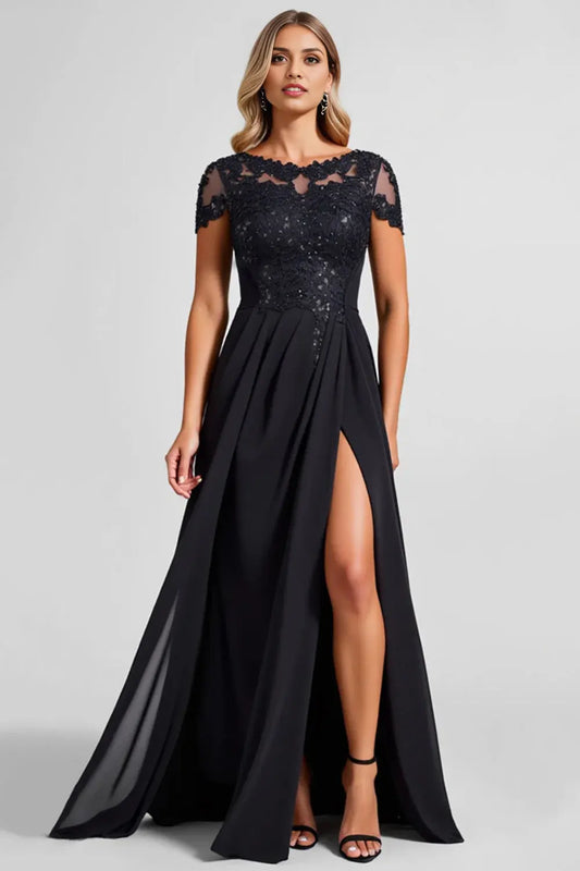 AABEI DRESS Wedding Guests Dresses A Line Illusion Boat Neck Cap Sleeve Lace Applique  With Slit Elegant Long Mother of the Bride Dress