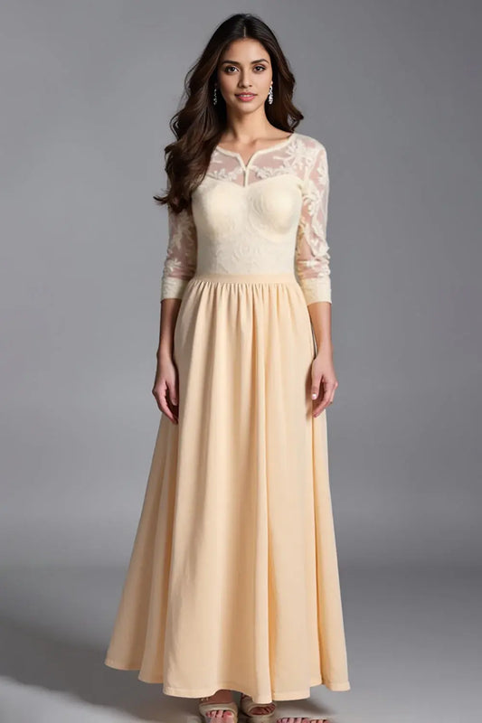 AABEI DRESS Wedding Guests Dresses A Line Round Neck Lace Long Sleeves Elegant Long Mother of the Bride Dress