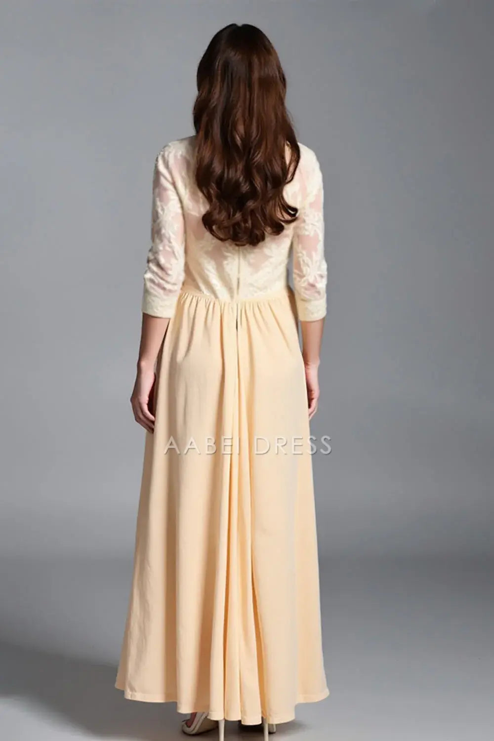 AABEI DRESS Wedding Guests Dresses A Line Round Neck Lace Long Sleeves Elegant Long Mother of the Bride Dress