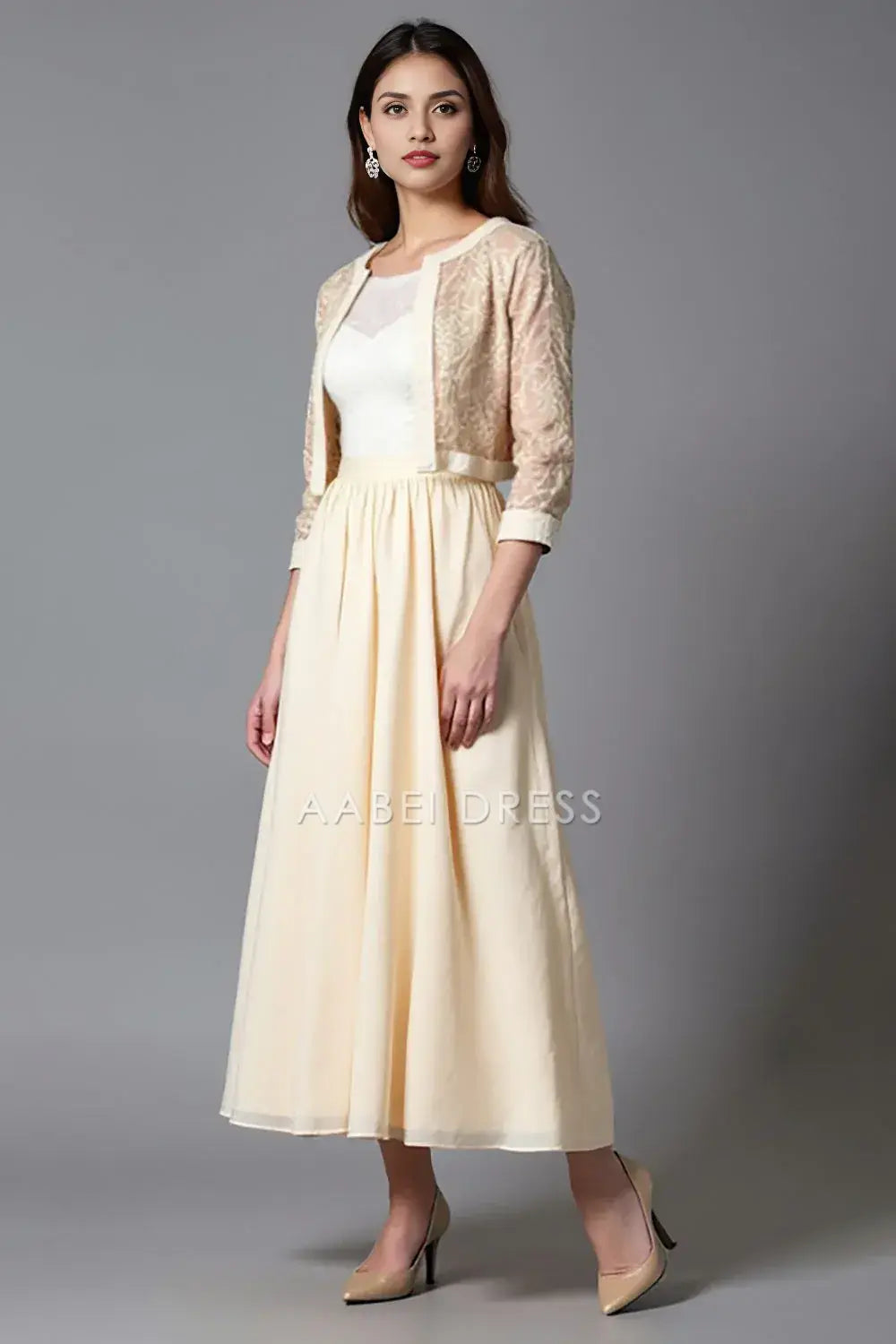 AABEI DRESS Wedding Guests Dresses A Line Two-Piece Set Round Neck Half Sleeve Lace Retro Elegant Mother of the Bride Dress