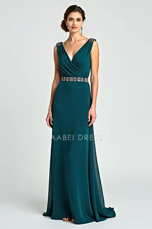 AABEI DRESS Wedding Guests Dresses A Line V Neck Pleated Sleeveless V Back Beadwork Charming Long Mother of the Bride Dress