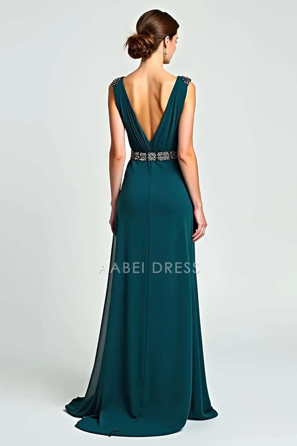 AABEI DRESS Wedding Guests Dresses A Line V Neck Pleated Sleeveless V Back Beadwork Charming Long Mother of the Bride Dress