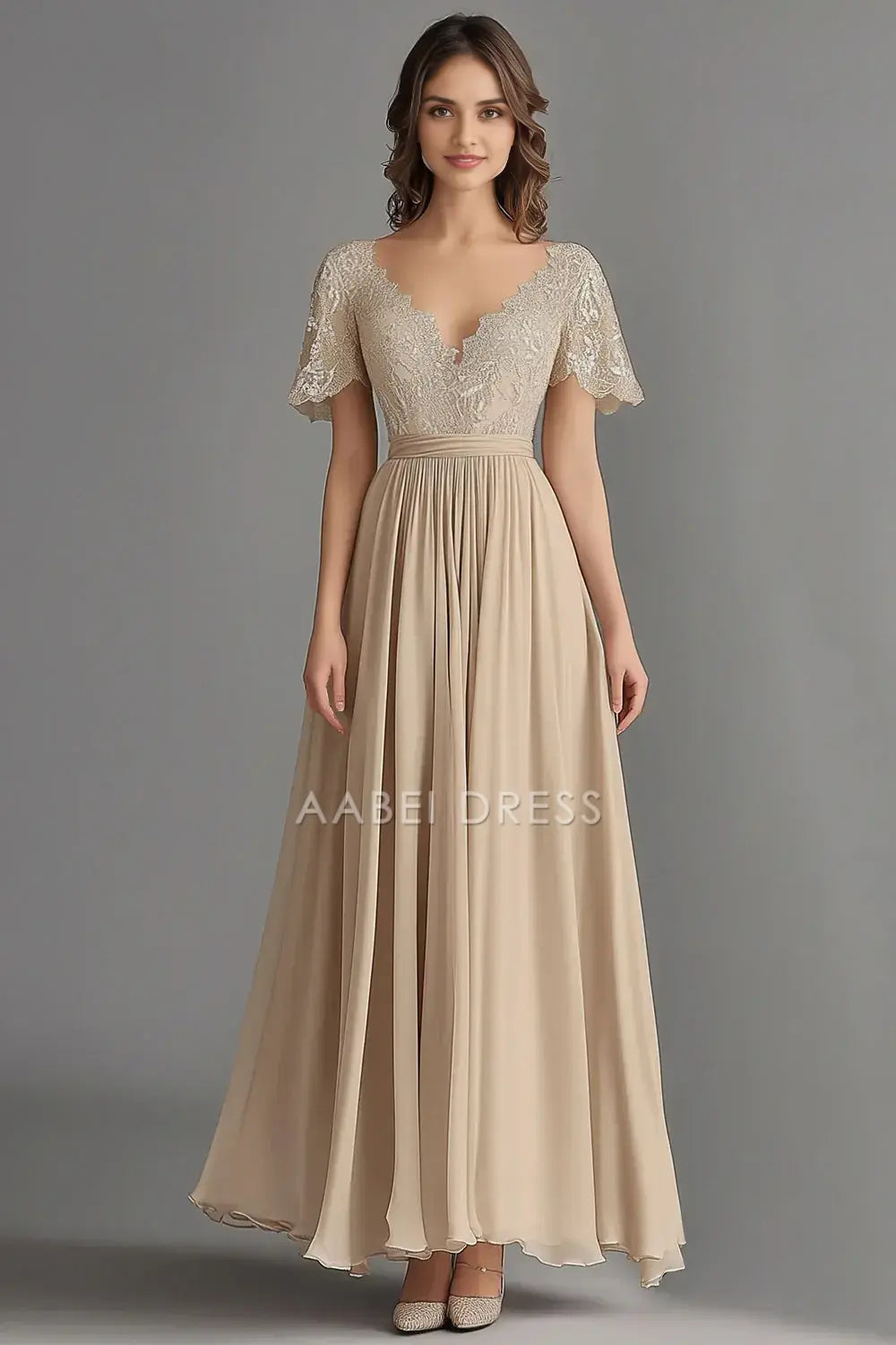 AABEI DRESS Wedding Guests Dresses A Line V Neck Short Sleeve Ruched Lace Backless Elegant Mother of the Bride Dress