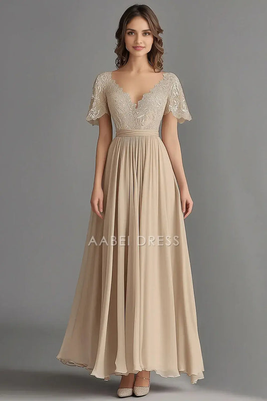 AABEI DRESS Wedding Guests Dresses A Line V Neck Short Sleeve Ruched Lace Backless Elegant Mother of the Bride Dress