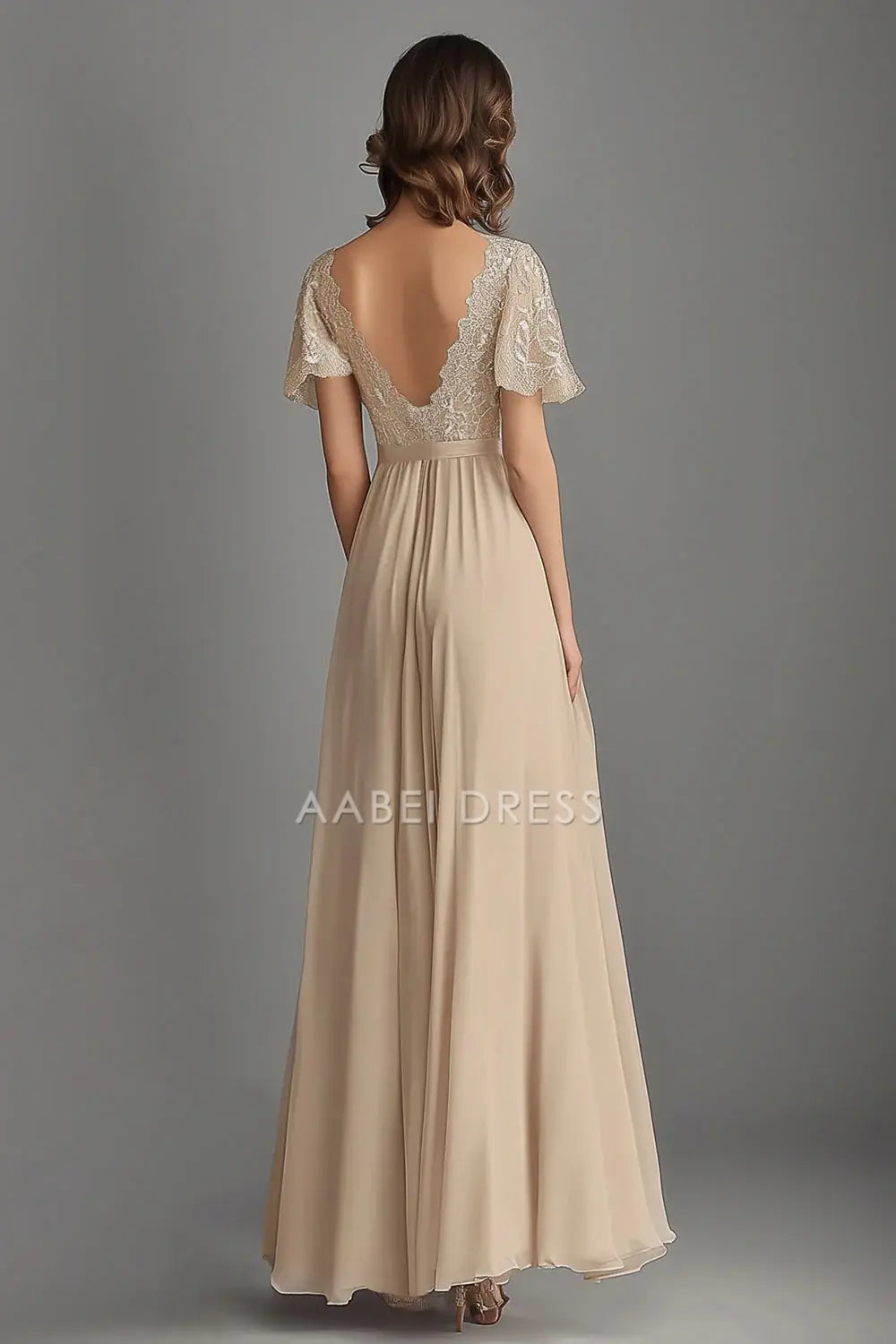 AABEI DRESS Wedding Guests Dresses A Line V Neck Short Sleeve Ruched Lace Backless Elegant Mother of the Bride Dress