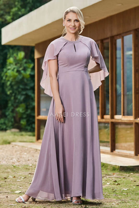 AABEI DRESS Wedding Guests Dresses Beautiful A-Line Round Neck Beadwork Flutter Sleeves Chiffon Ruched Dress Exquisite Mother of the Bride Dress