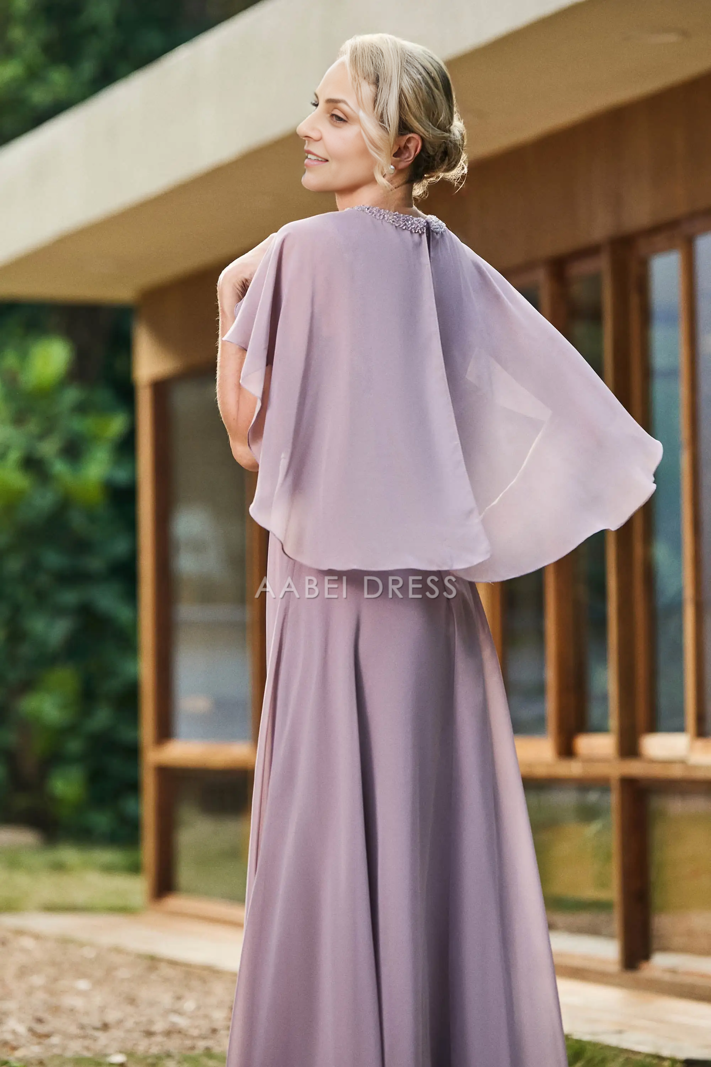 AABEI DRESS Wedding Guests Dresses Beautiful A-Line Round Neck Beadwork Flutter Sleeves Chiffon Ruched Dress Exquisite Mother of the Bride Dress