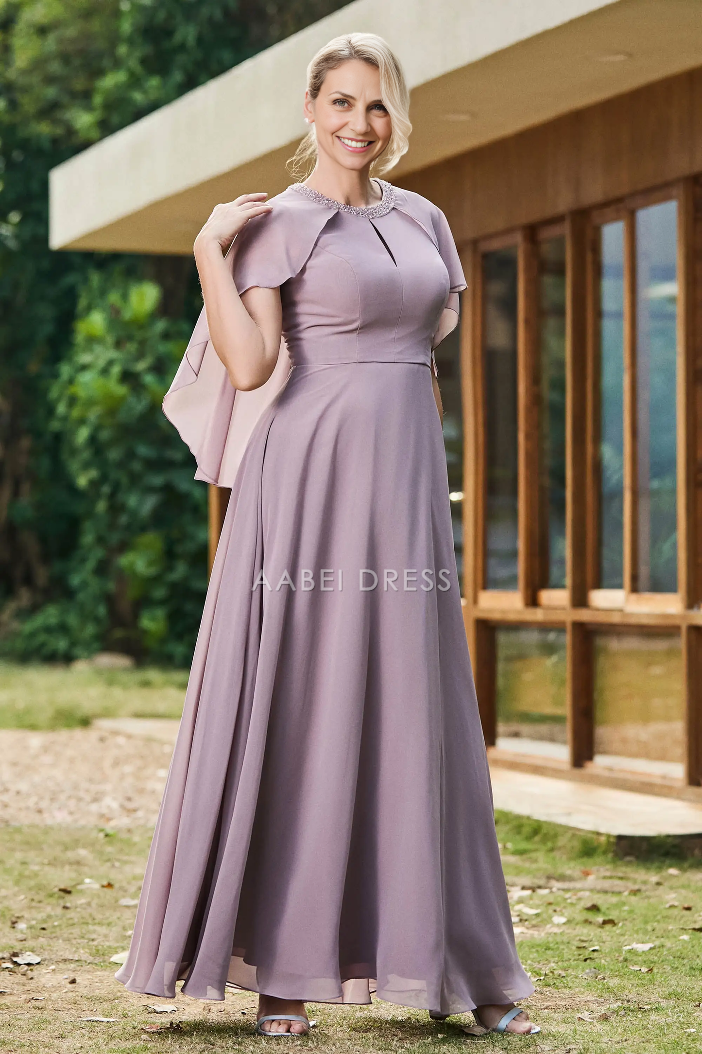 AABEI DRESS Wedding Guests Dresses Beautiful A-Line Round Neck Beadwork Flutter Sleeves Chiffon Ruched Dress Exquisite Mother of the Bride Dress