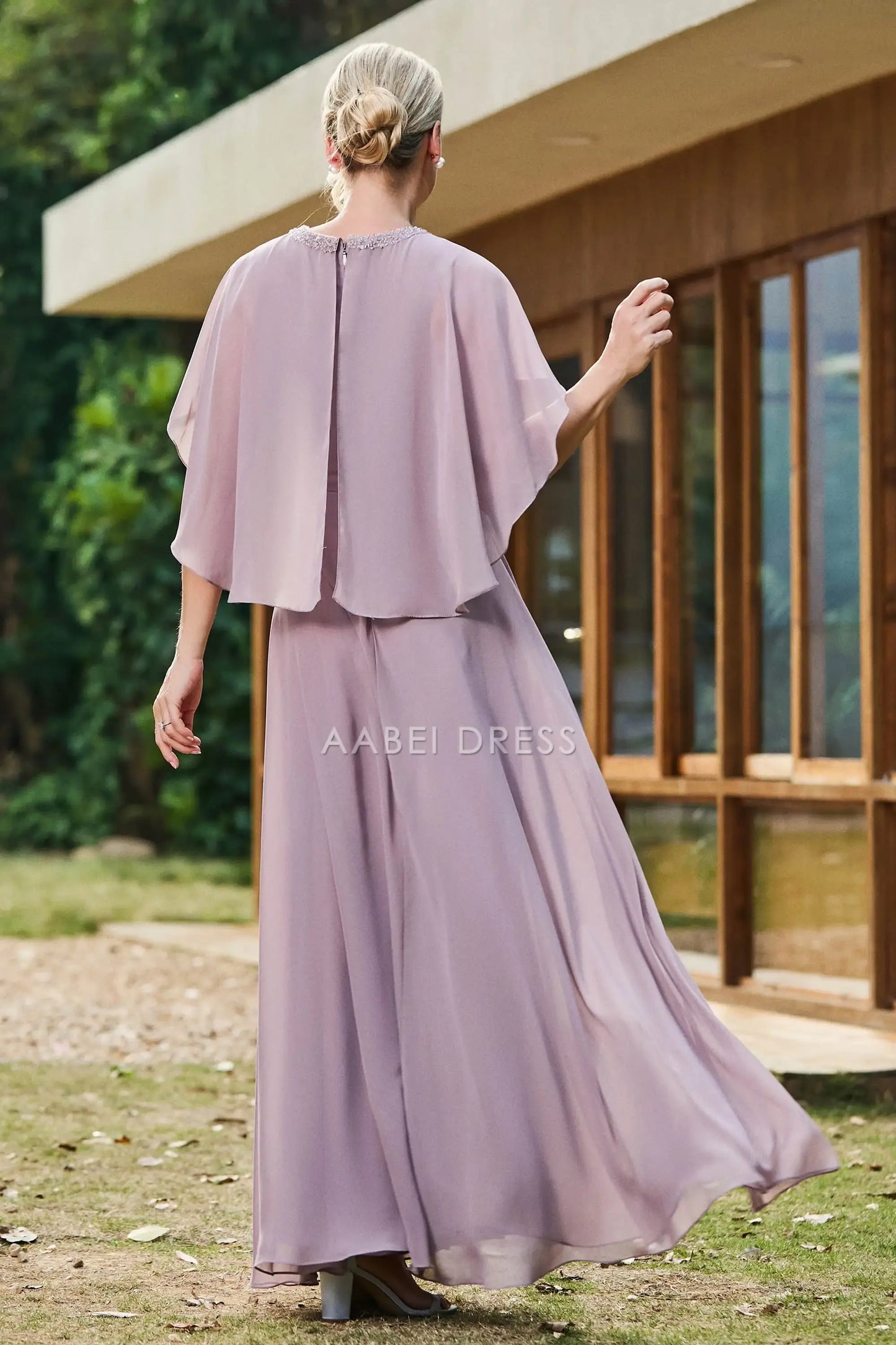 AABEI DRESS Wedding Guests Dresses Beautiful A-Line Round Neck Beadwork Flutter Sleeves Chiffon Ruched Dress Exquisite Mother of the Bride Dress