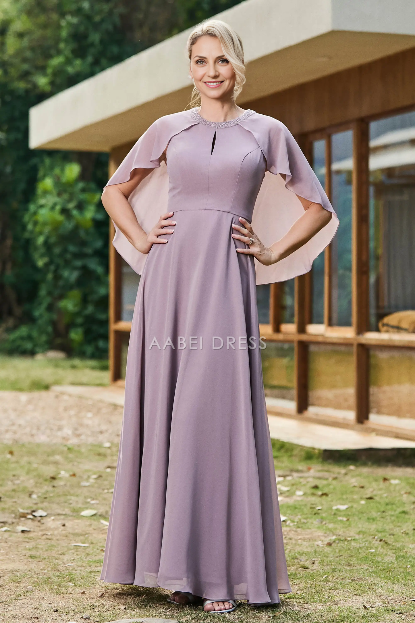 AABEI DRESS Wedding Guests Dresses Beautiful A-Line Round Neck Beadwork Flutter Sleeves Chiffon Ruched Dress Exquisite Mother of the Bride Dress