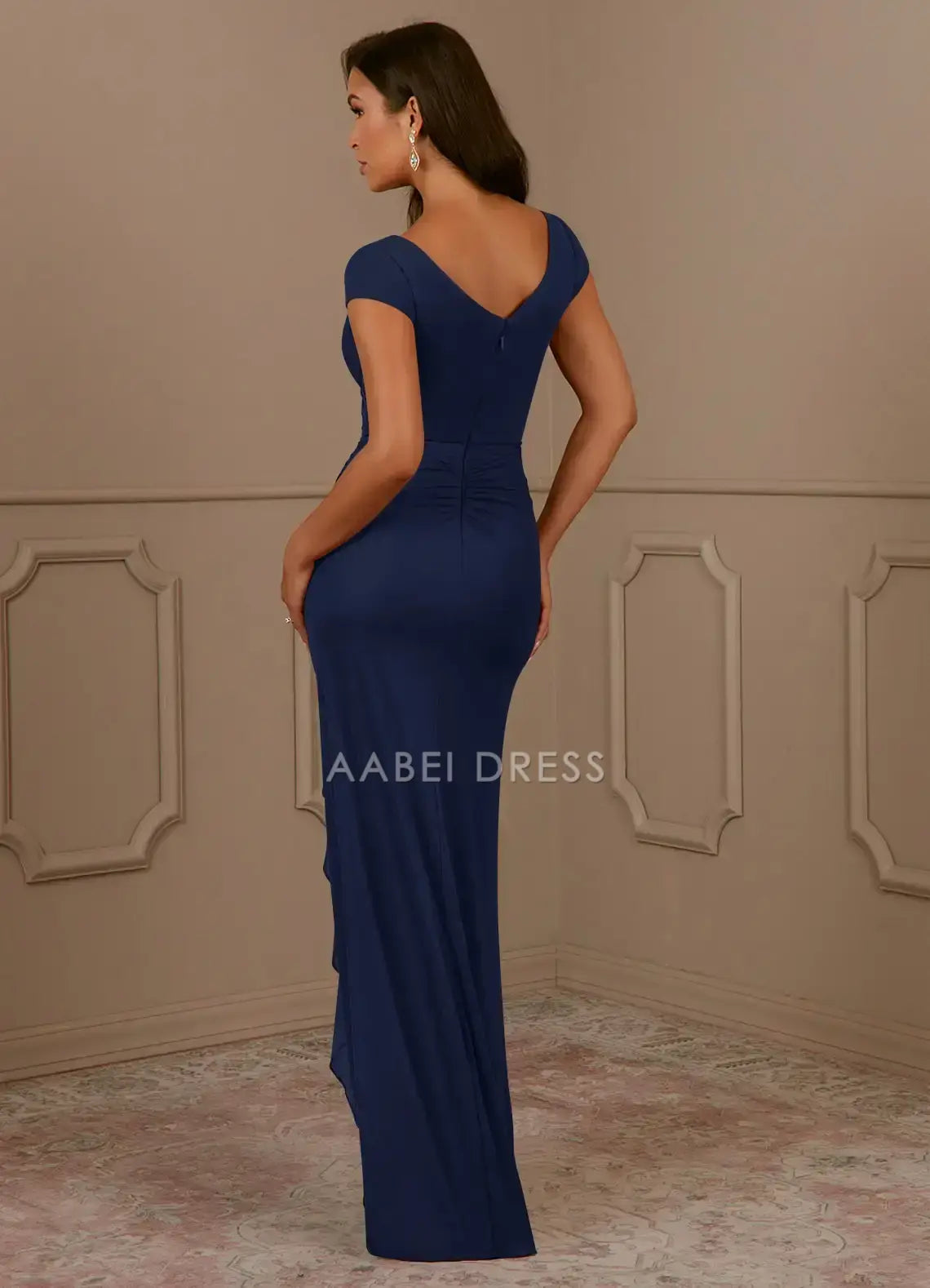 AABEI DRESS Wedding Guests Dresses Charming Mermaid V Neck Cap Sleeves Ruched Side Fork Elegant Mother of the Bride Dress