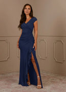 AABEI DRESS Wedding Guests Dresses Charming Mermaid V Neck Cap Sleeves Ruched Side Fork Elegant Mother of the Bride Dress