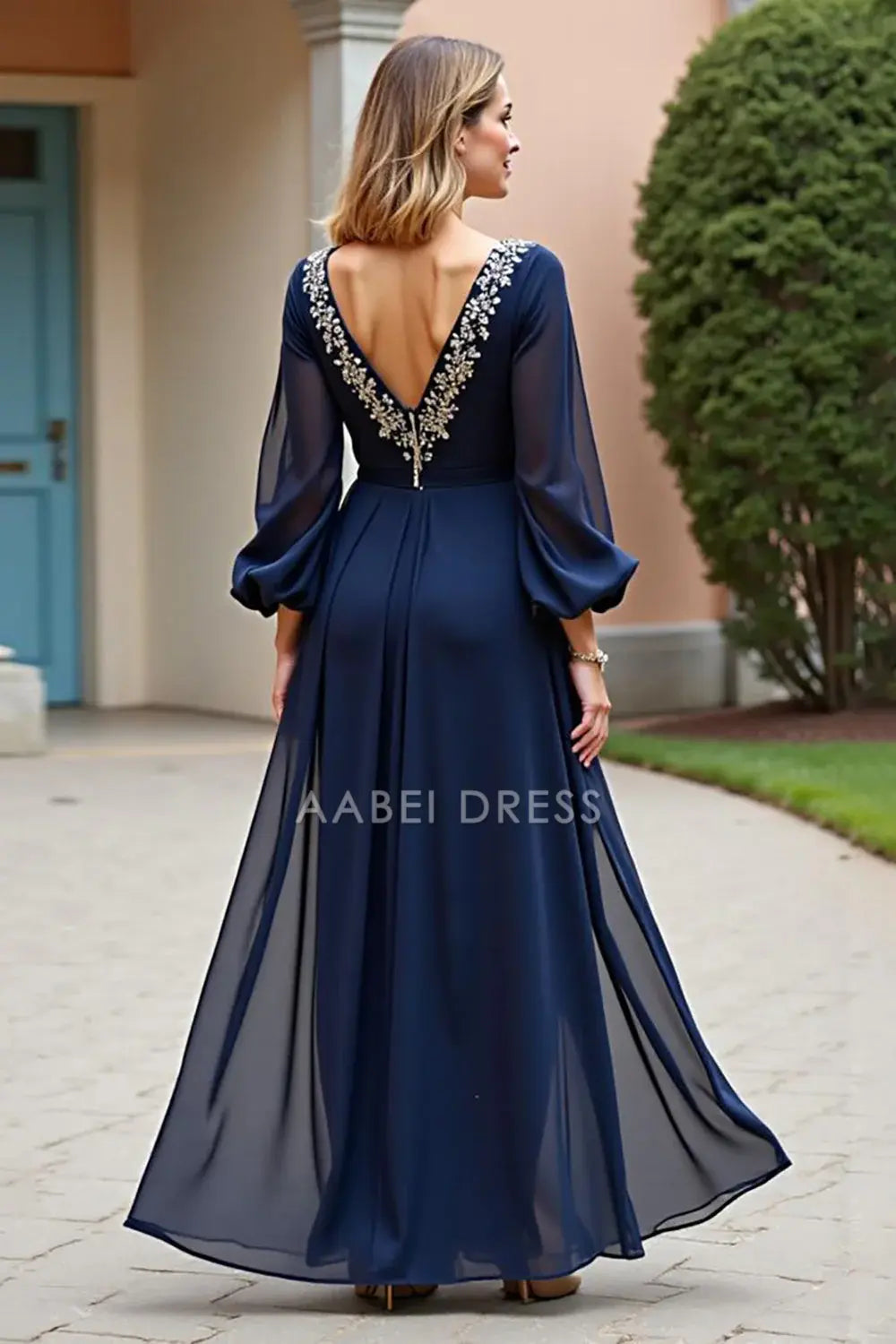 AABEI DRESS Wedding Guests Dresses Chiffon A Line V Neck Long Sleeves Applique V Back Fork Exquisite Long Mother of the Bride Dress