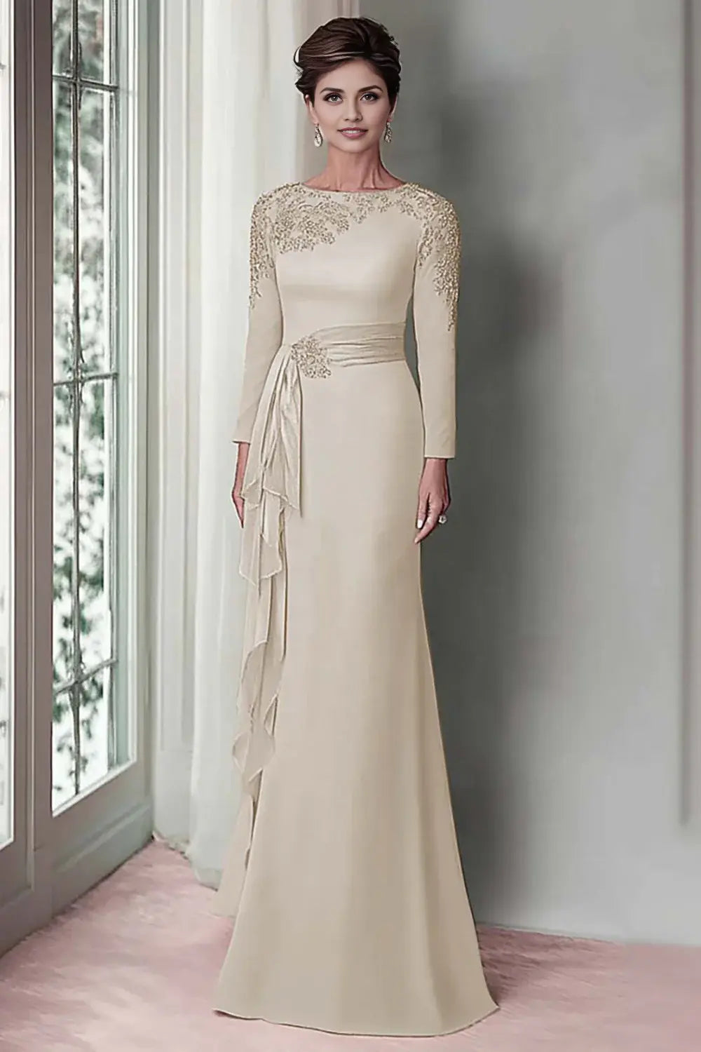 AABEI DRESS Wedding Guests Dresses Fashion Mermaid Boat Collar Applique Long Sleeves Ruched Elegant Mother of the Bride Dress