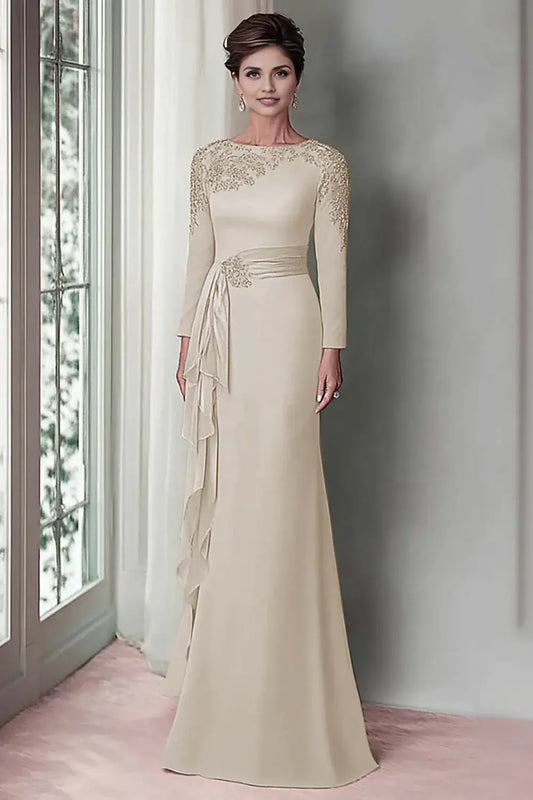AABEI DRESS Wedding Guests Dresses Fashion Mermaid Boat Collar Applique Long Sleeves Ruched Elegant Mother of the Bride Dress