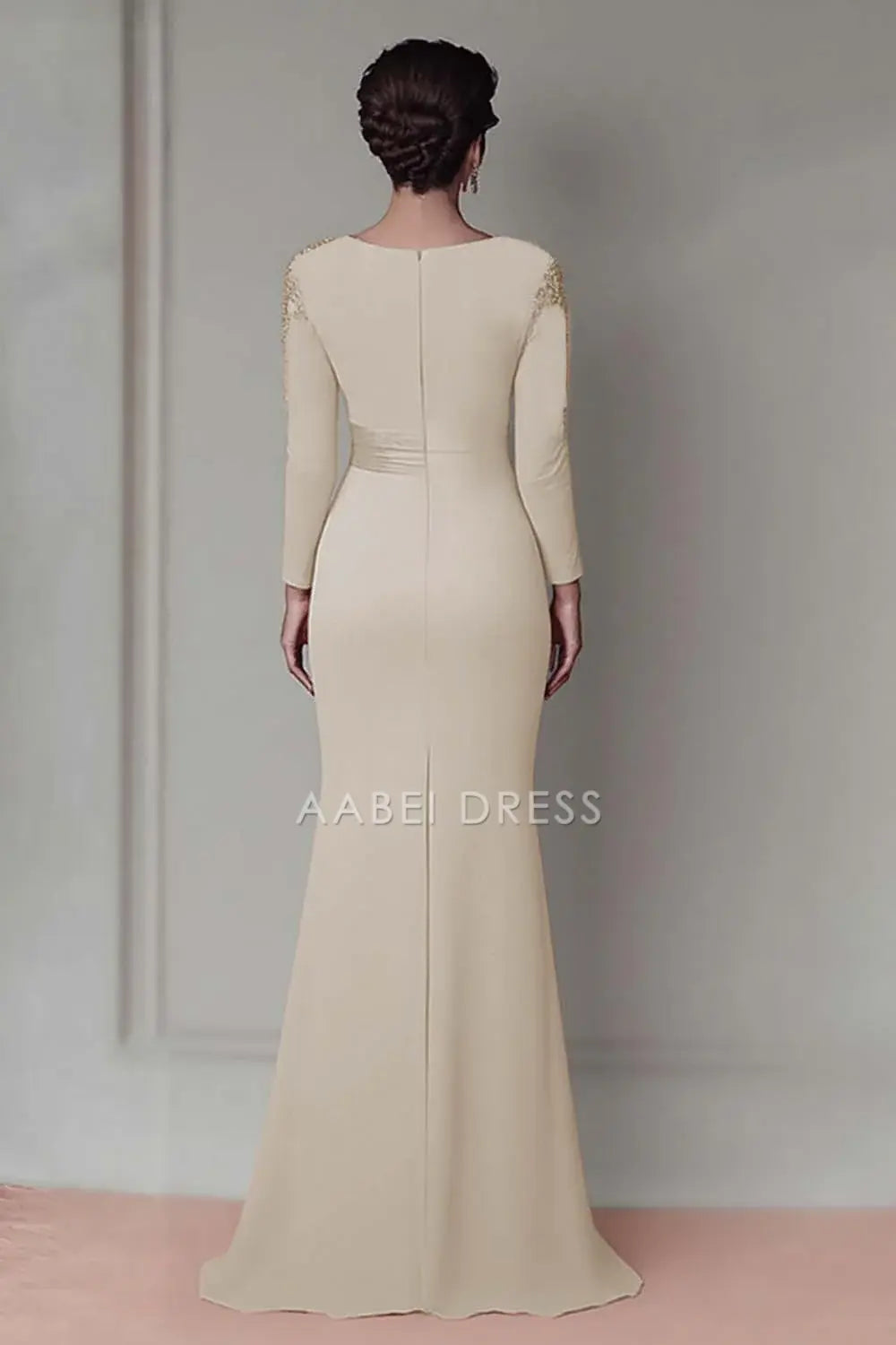 AABEI DRESS Wedding Guests Dresses Fashion Mermaid Boat Collar Applique Long Sleeves Ruched Elegant Mother of the Bride Dress