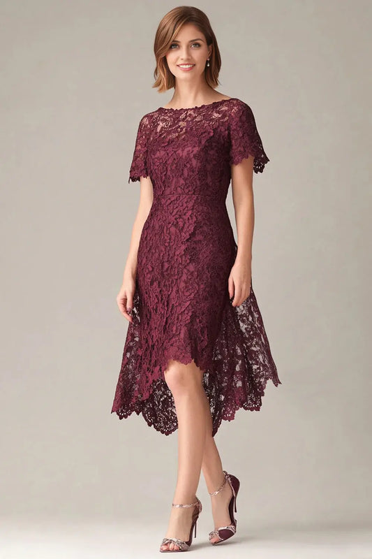 AABEI DRESS Wedding Guests Dresses Lace Sheath Round Neck Short Sleeves Hi-Low Hemline Elegant Mother of the Bride Dress