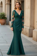AABEI DRESS Wedding Guests Dresses Mermaid V-Neck Lace Long Sleeves V Back Ruffled Exquisite Fashion Long Mother of the Bride Dress
