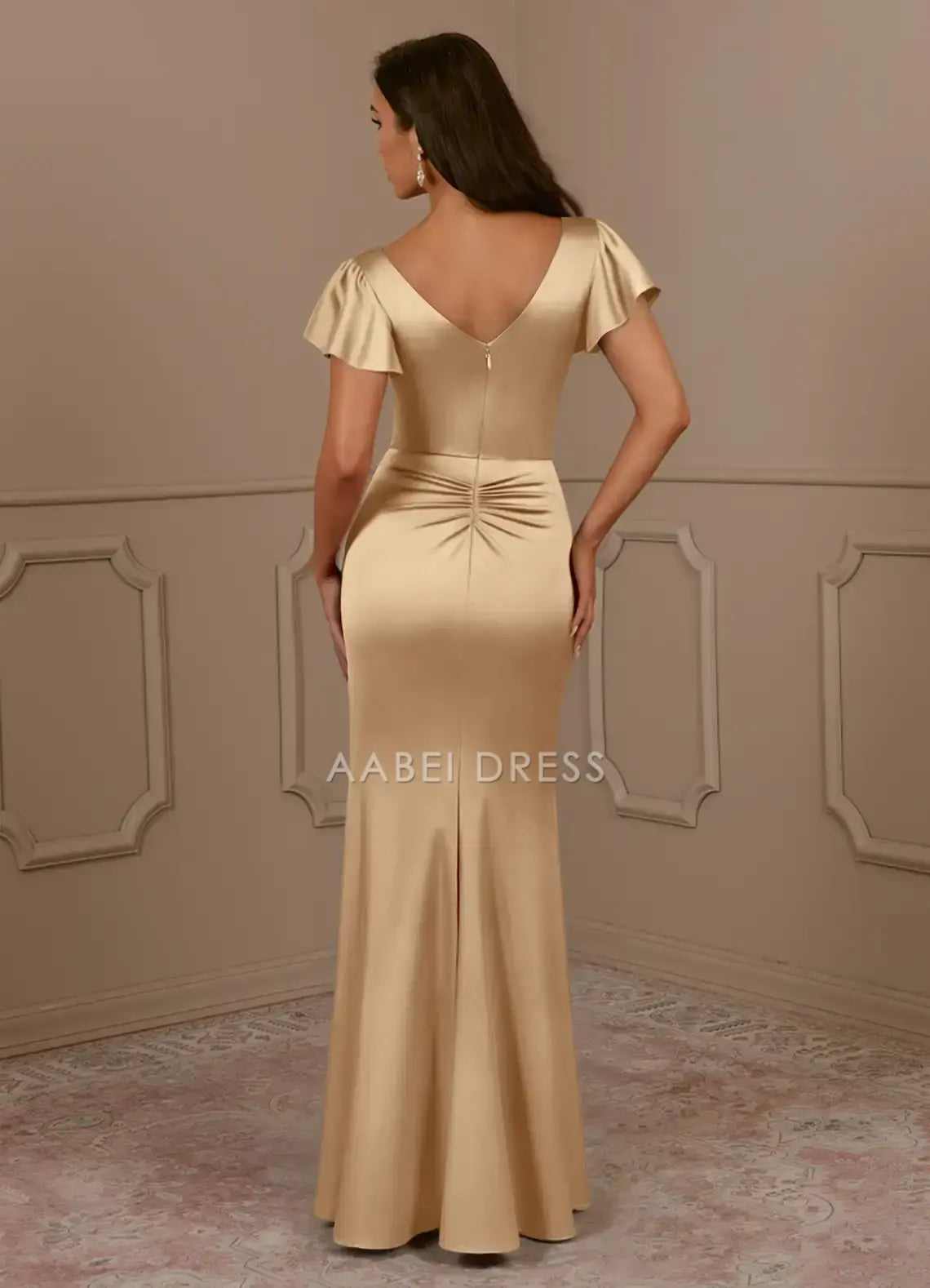 AABEI DRESS Wedding Guests Dresses Mermaid V-Neck Pleated Flutter Cap Sleeve V Back Ruched Side Fork Fashion Mother of the Bride Dress