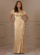 AABEI DRESS Wedding Guests Dresses Mermaid V-Neck Pleated Flutter Cap Sleeve V Back Ruched Side Fork Fashion Mother of the Bride Dress