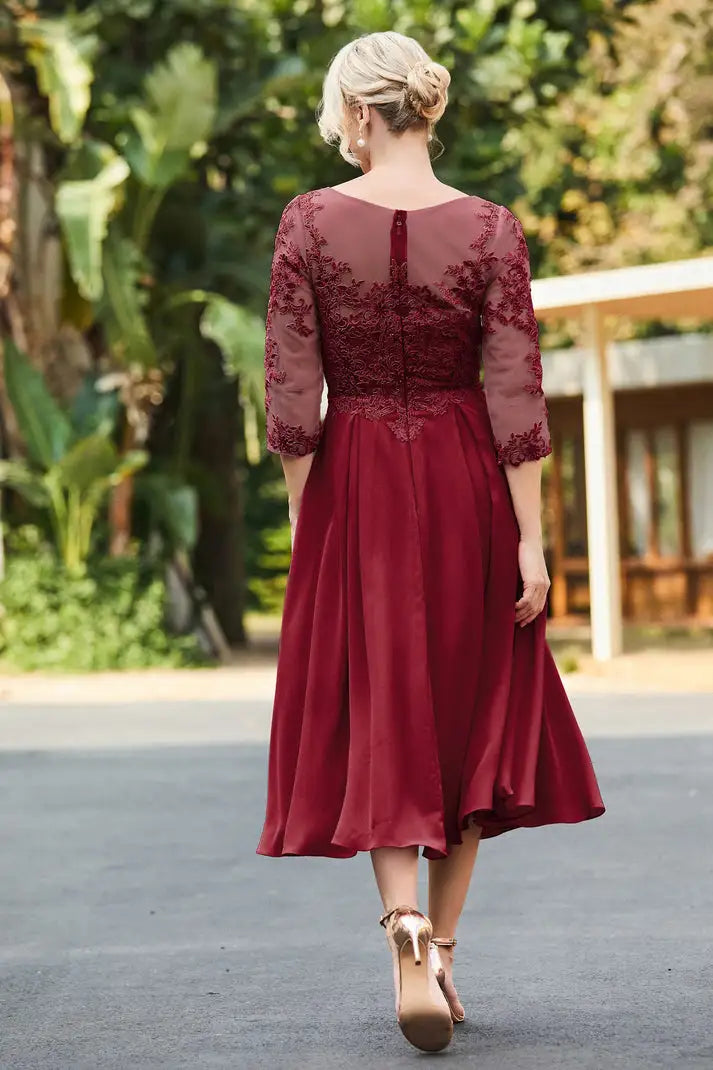 AABEI DRESS Wedding Guests Dresses Mom's Formal Dress A-Line Boat Collar 3/4 Sleeves Lace Applique Chiffon Ruched Tea-Length Elegant Mother of the Bride Dress