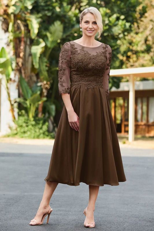 AABEI DRESS Wedding Guests Dresses Mom's Formal Dress A-Line Boat Collar 3/4 Sleeves Lace Applique Chiffon Ruched Tea-Length Exquisite Mother of the Bride Dress