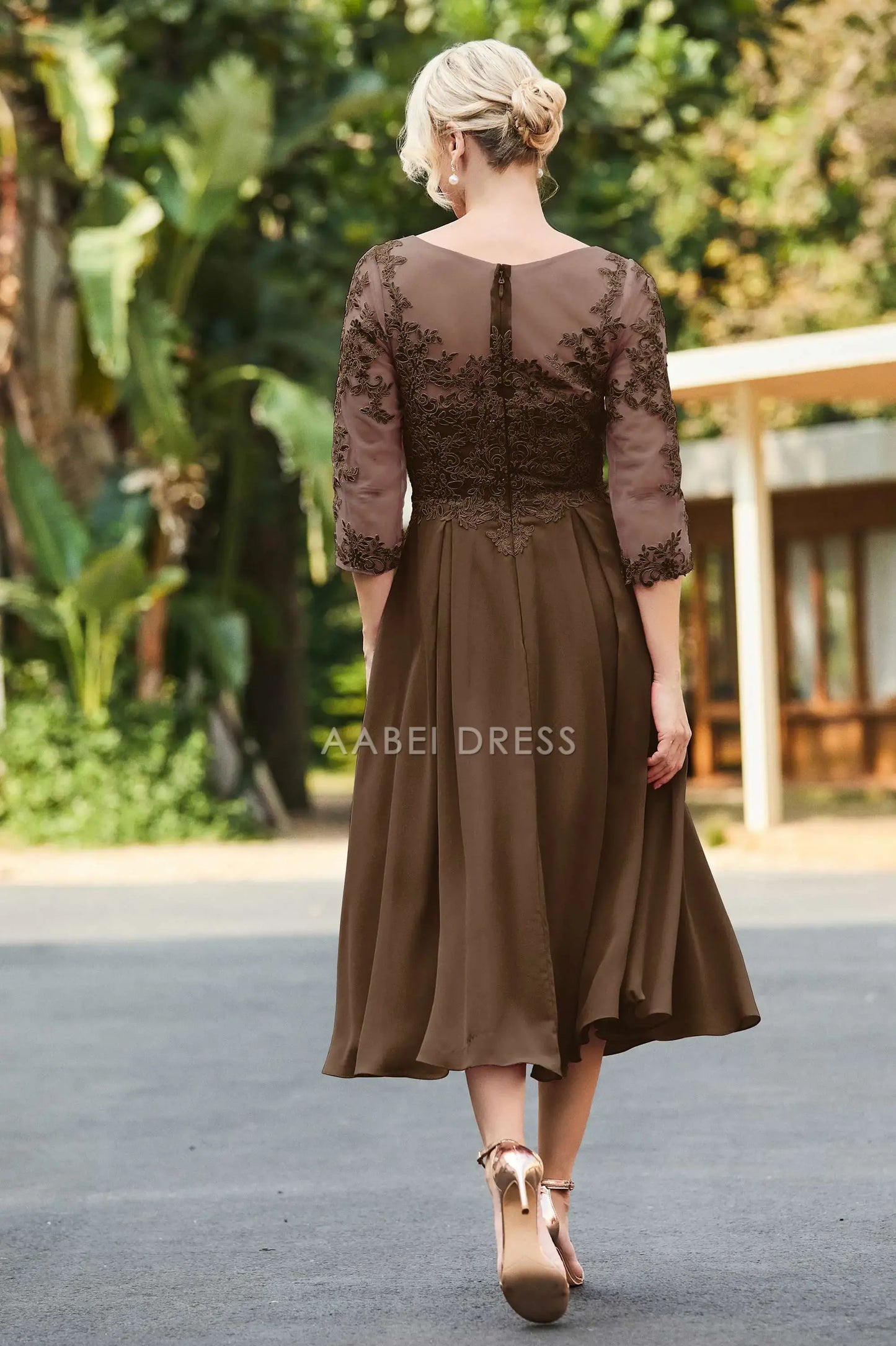 AABEI DRESS Wedding Guests Dresses Mom's Formal Dress A-Line Boat Collar 3/4 Sleeves Lace Applique Chiffon Ruched Tea-Length Exquisite Mother of the Bride Dress