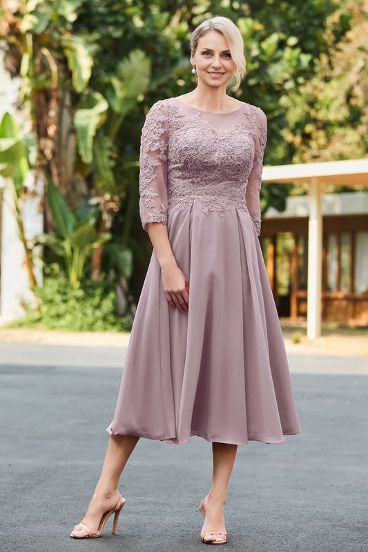 AABEI DRESS Wedding Guests Dresses Mom's Formal Dress A-Line Boat Collar 3/4 Sleeves Lace Applique Chiffon Ruched Tea-Length Retro Mother of the Bride Dress