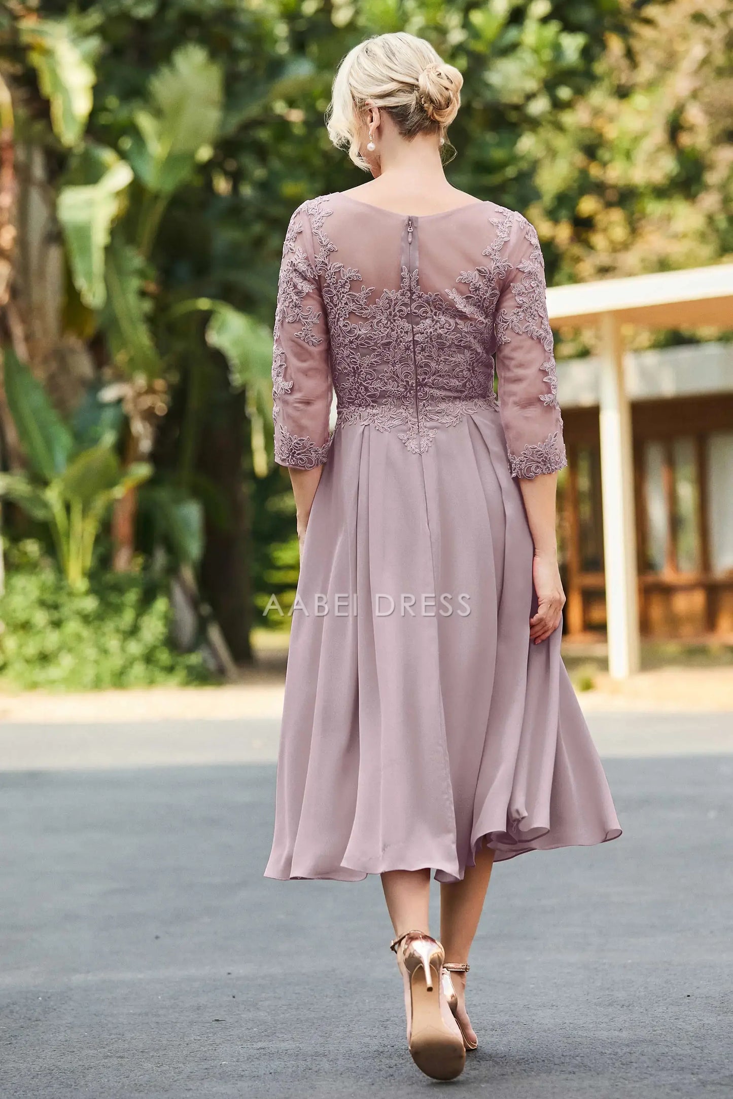 AABEI DRESS Wedding Guests Dresses Mom's Formal Dress A-Line Boat Collar 3/4 Sleeves Lace Applique Chiffon Ruched Tea-Length Retro Mother of the Bride Dress