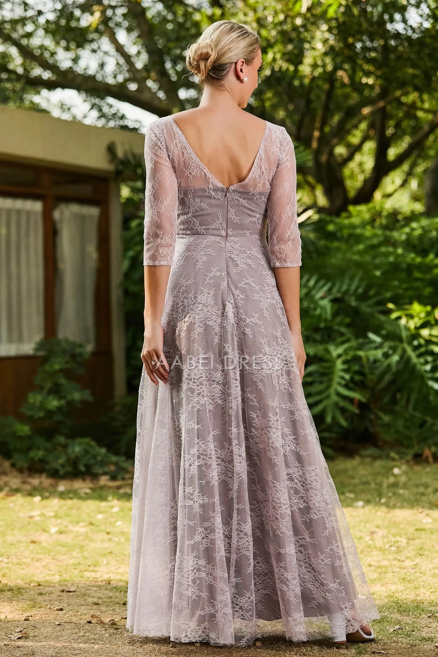 AABEI DRESS Wedding Guests Dresses Mom's Formal Dress A-Line Boat Collar 3/4 Sleeves Lace Ruched Long Dress Elegant Retro Mother of the Bride Dress