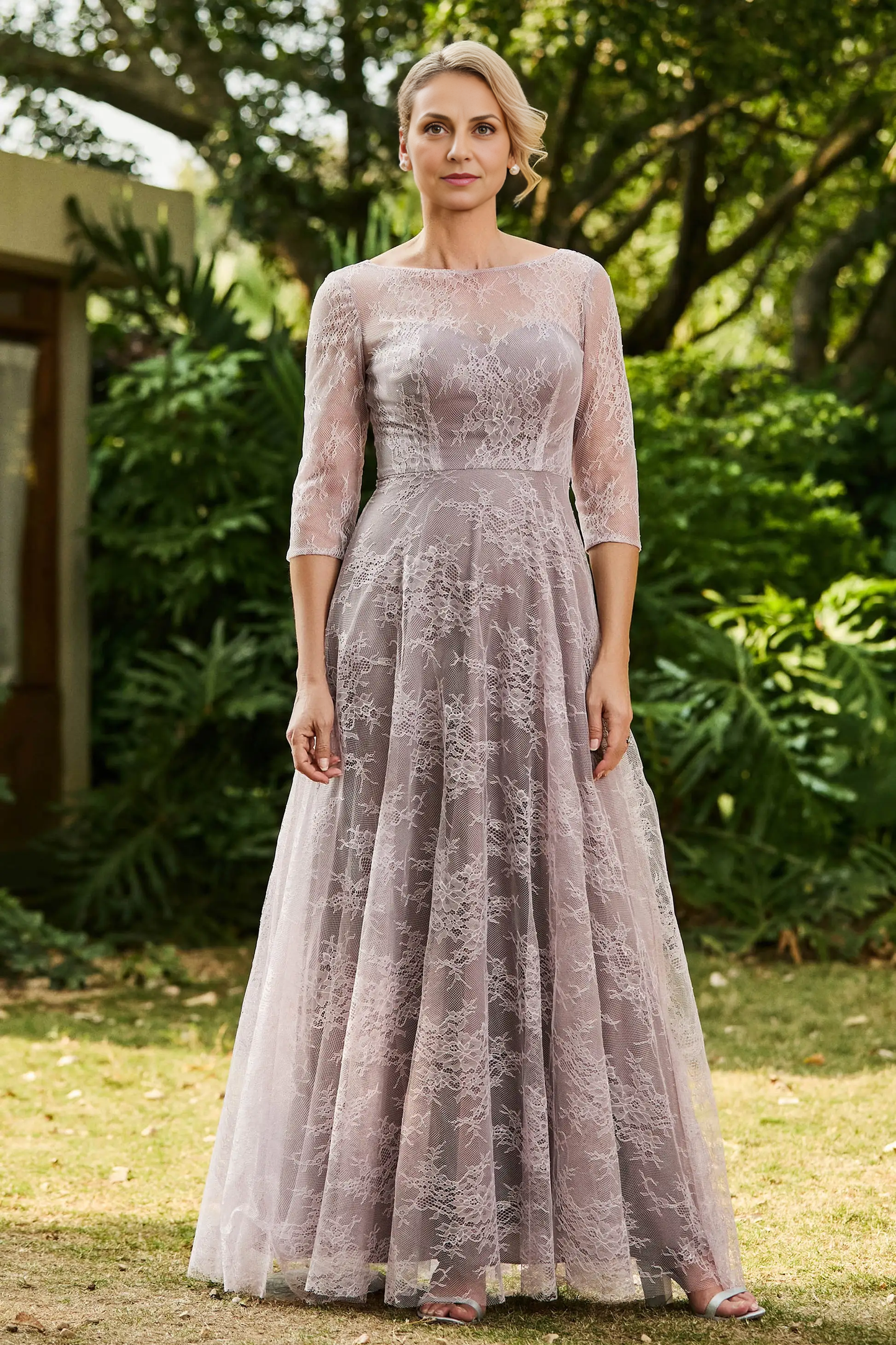 AABEI DRESS Wedding Guests Dresses Mom's Formal Dress A-Line Boat Collar 3/4 Sleeves Lace Ruched Long Dress Elegant Retro Mother of the Bride Dress
