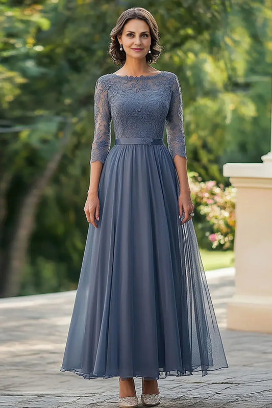 AABEI DRESS Wedding Guests Dresses Mom's Formal Dress A-Line Boat Collar 3/4 Sleeves Lace Top Chiffon Ruched Exquisite Long Mother of the Bride Dress