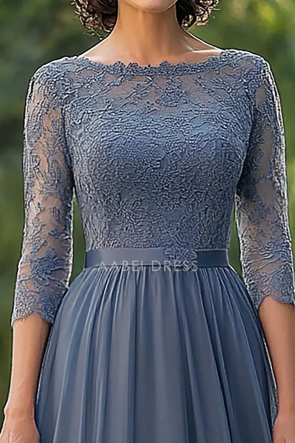 AABEI DRESS Wedding Guests Dresses Mom's Formal Dress A-Line Boat Collar 3/4 Sleeves Lace Top Chiffon Ruched Exquisite Long Mother of the Bride Dress