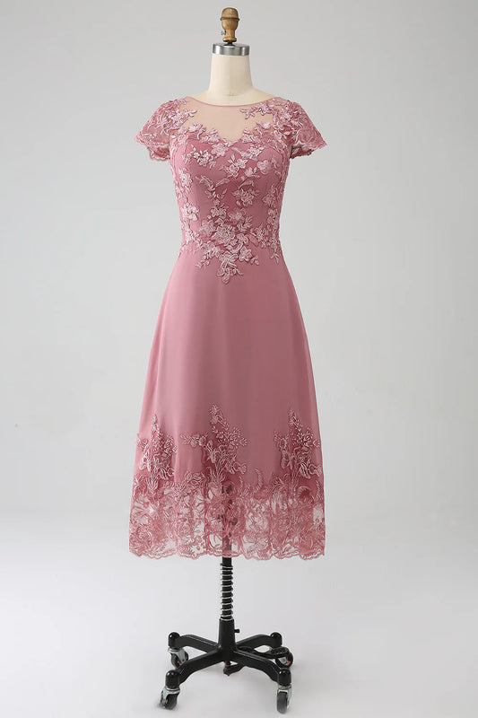 AABEI DRESS Wedding Guests Dresses Mom's Formal Dress A-Line Boat Collar Cap Sleeve Lace Applique Tea-Length Exquisite Fashion Mother of the Bride Dress
