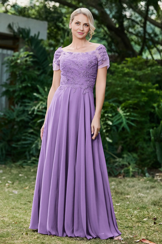 AABEI DRESS Wedding Guests Dresses Mom's Formal Dress A-Line Boat Collar Short Sleeves Lace Applique Chiffon Ruched Long Dress Exquisite Mother of the Bride Dress