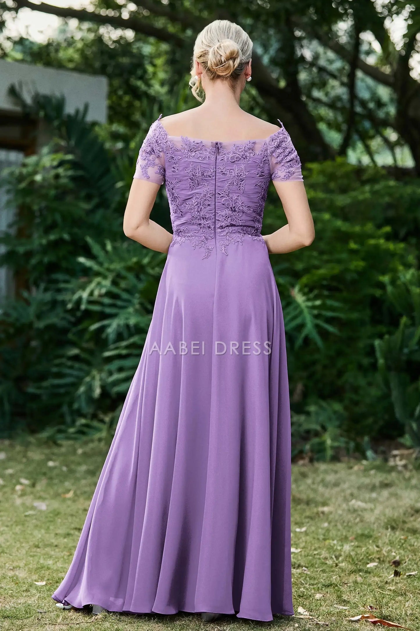 AABEI DRESS Wedding Guests Dresses Mom's Formal Dress A-Line Boat Collar Short Sleeves Lace Applique Chiffon Ruched Long Dress Exquisite Mother of the Bride Dress