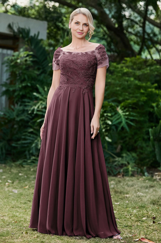 AABEI DRESS Wedding Guests Dresses Mom's Formal Dress A-Line Boat Collar Short Sleeves Lace Applique Chiffon Ruched Long Dress Exquisite Mother of the Bride Dress(副本)