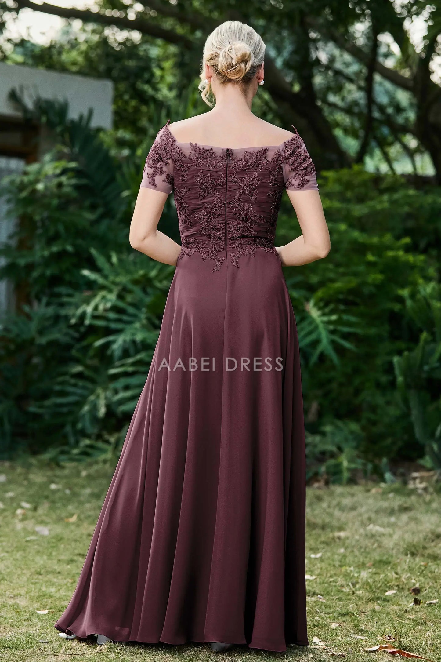 AABEI DRESS Wedding Guests Dresses Mom's Formal Dress A-Line Boat Collar Short Sleeves Lace Applique Chiffon Ruched Long Dress Exquisite Mother of the Bride Dress(副本)