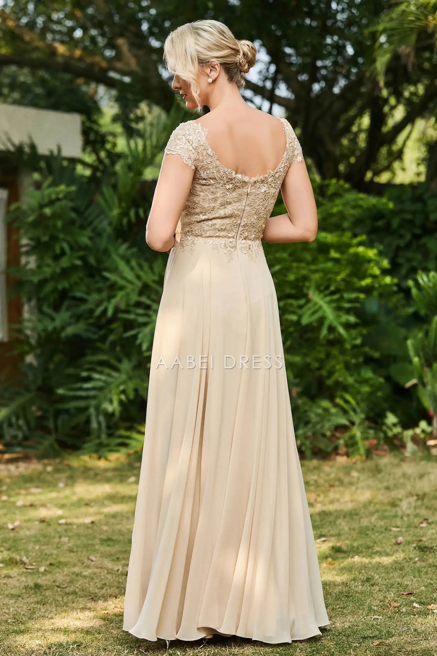 AABEI DRESS Wedding Guests Dresses Mom's Formal Dress A-Line Scoop Neck Cap Sleeves Lace Applique Top Chiffon Ruched Exquisite Mother of the Bride Dress