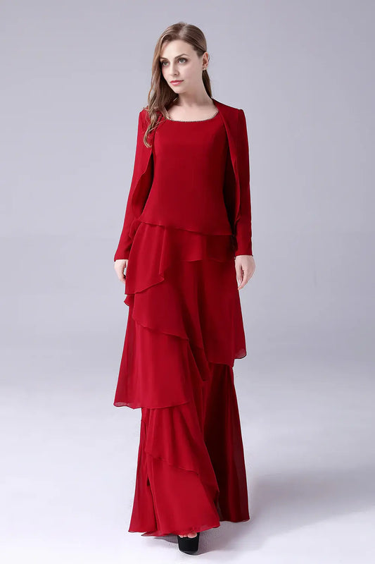 AABEI DRESS Wedding Guests Dresses Mom's Formal Dress A-Line Scoop Neck Chiffon Layering Ruched With Jacket Two-Piece Set Beadwork Elegant Long Mother of the Bride Dress