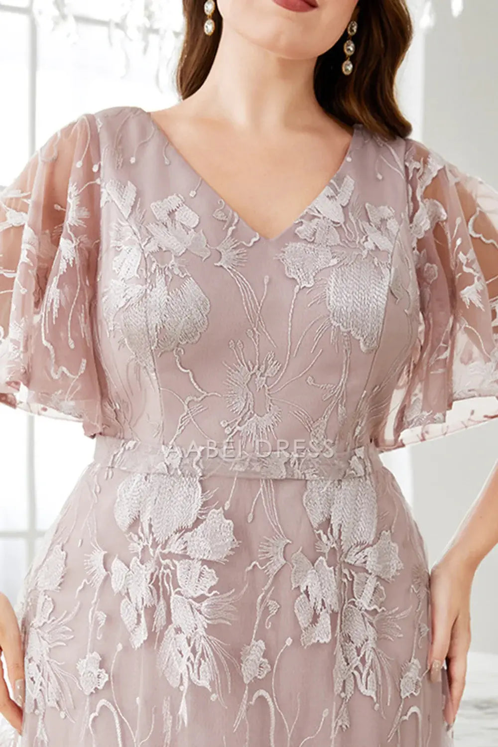 AABEI DRESS Wedding Guests Dresses Mom's Formal Dress A-Line V-Neck Flutter Sleeves Plus Size Dress Exquisite Jacquard Chic Mother of the Bride Dress